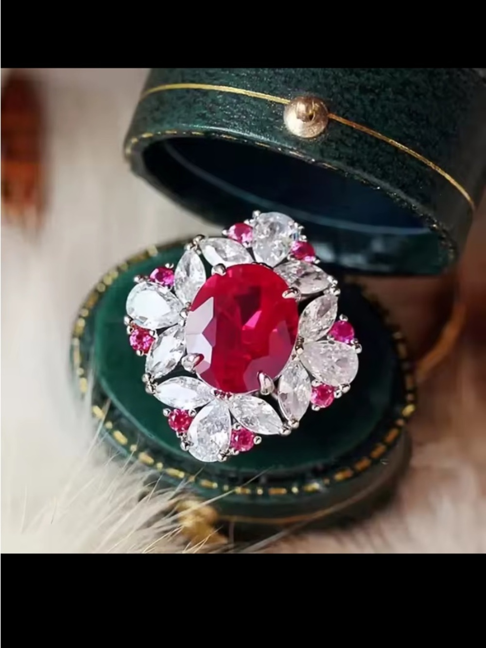 Elegant Red Oval Halo Ring with Clear Accents
